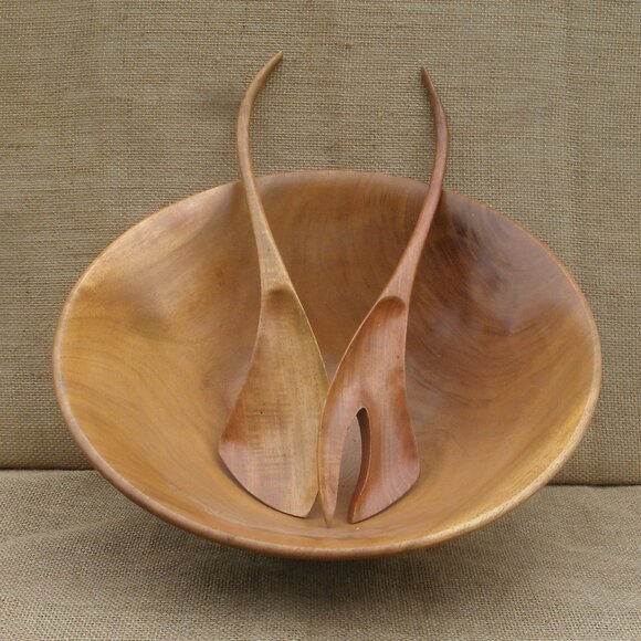 Vintage Berk Craft Wood Salad Serving Set Handmade in Haiti - Picture 1 of 16